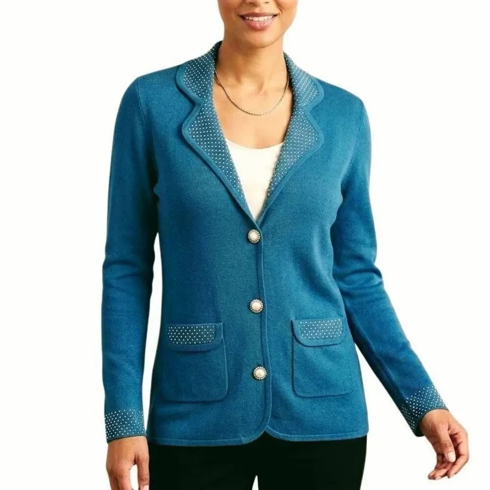 BCBGMaxazria Aegean peacock teal blue rhinestone pearl button collar cardigan XS